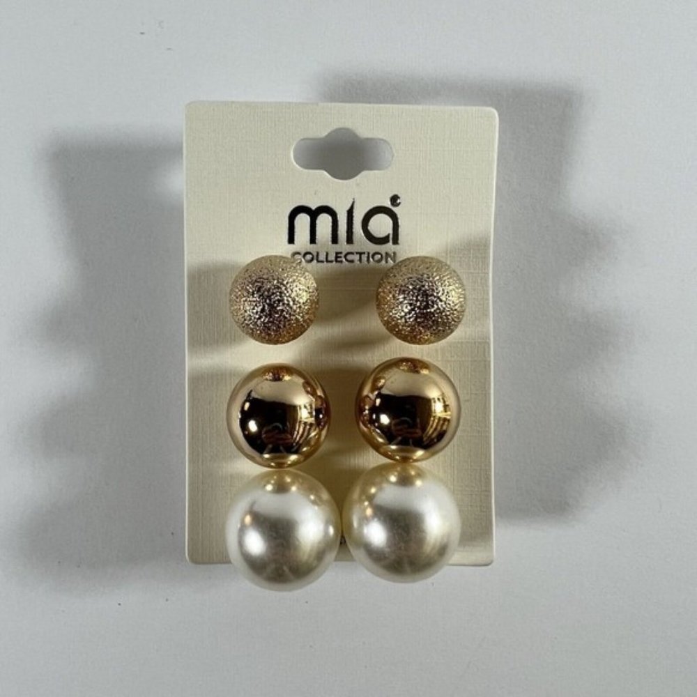 Mia Collection Gold And Faux Pearl Round Ball Fashion Earrings - Set Of 3